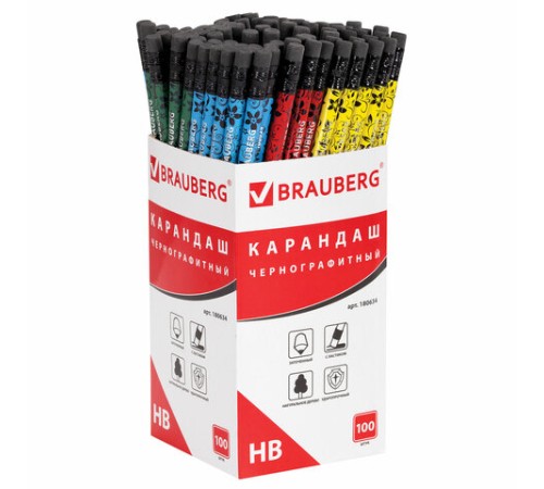 Карандаш чернографитный BRAUBERG, 1 шт., "Fuete", НВ, c ластиком, черное дерево, корпус ассорти, 180634 Карандаш чернографитный BRAUBERG, 1 шт., "Fuete", НВ, c ластиком, черное дерево, корпус ассорти, 180634
