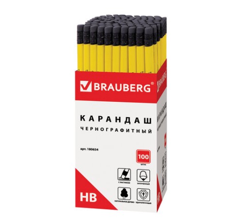 Карандаш чернографитный BRAUBERG, 1 шт., "Смайлики", НВ, c ластиком, корпус желтый, заточенный, 180654 Карандаш чернографитный BRAUBERG, 1 шт., "Смайлики", НВ, c ластиком, корпус желтый, заточенный, 180654