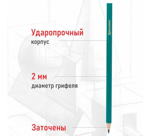 Карандаши чернографитные BRAUBERG НАБОР 12 шт., НВ, без резинки, пластиковый зеленый корпус, 180677