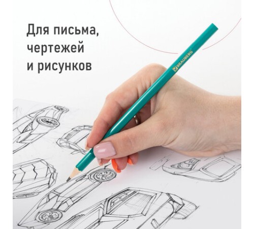 Карандаши чернографитные BRAUBERG НАБОР 12 шт., НВ, без резинки, пластиковый зеленый корпус, 180677