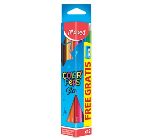 Карандаши цветные MAPED (Франция) "Color'Peps Star", 12 цветов + ТОЧИЛКА, трехгранные, грифель 3 мм, натуральное дерево,183213 Карандаши цветные MAPED (Франция) "Color'Peps Star", 12 цветов + ТОЧИЛКА, трехгранные, грифель 3 мм, натуральное дерево,183213