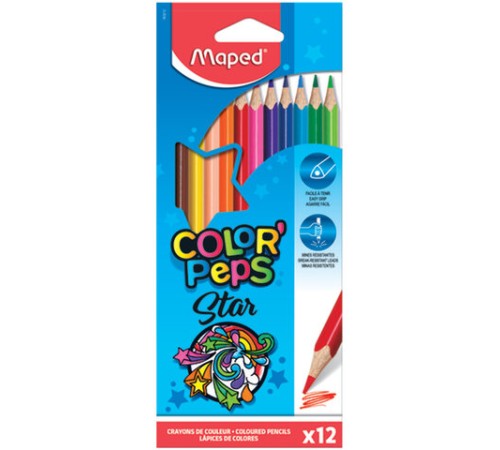 Карандаши цветные MAPED (Франция) "Color'Peps Star", 12 цветов, трехгранные, грифель 3 мм, натуральное дерево, 183212 Карандаши цветные MAPED (Франция) "Color'Peps Star", 12 цветов, трехгранные, грифель 3 мм, натуральное дерево, 183212