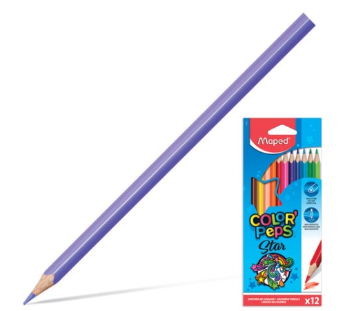 Карандаши цветные MAPED (Франция) "Color'Peps Star", 12 цветов, трехгранные, грифель 3 мм, натуральное дерево, 183212 Карандаши цветные MAPED (Франция) "Color'Peps Star", 12 цветов, трехгранные, грифель 3 мм, натуральное дерево, 183212