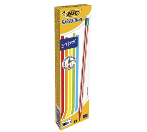 Карандаш чернографитный BIC, 1 шт., "Evolution Stripes", HB, с ластиком, корпус ассорти, 8960342 Карандаш чернографитный BIC, 1 шт., "Evolution Stripes", HB, с ластиком, корпус ассорти, 8960342