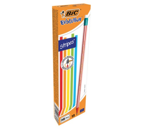 Карандаш чернографитный BIC, 1 шт., "Evolution Stripes", HB, с ластиком, корпус ассорти, 8960342 Карандаш чернографитный BIC, 1 шт., "Evolution Stripes", HB, с ластиком, корпус ассорти, 8960342