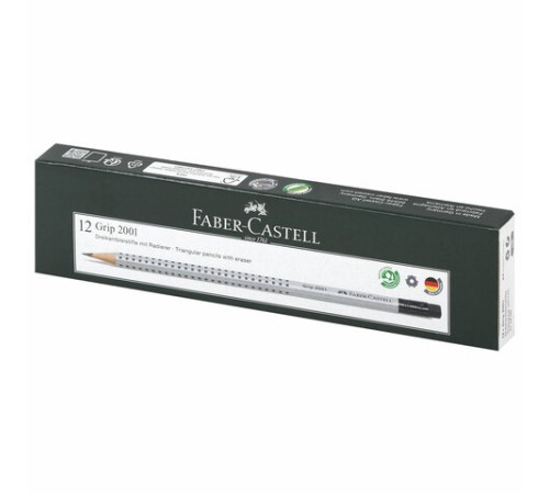 Карандаш чернографитный FABER-CASTELL, 1 шт., "Grip 2001", HB, трехгранный, с ластиком, 117200