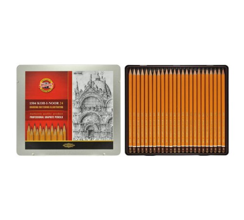 Карандаши чернографитные KOH-I-NOOR 1500, НАБОР 24 шт., 8В-10H, без резинки, металлическая коробка, 1504024001PL Карандаши чернографитные KOH-I-NOOR 1500, НАБОР 24 шт., 8В-10H, без резинки, металлическая коробка, 1504024001PL