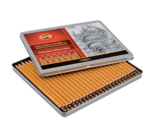 Карандаши чернографитные KOH-I-NOOR 1500, НАБОР 24 шт., 8В-10H, без резинки, металлическая коробка, 1504024001PL Карандаши чернографитные KOH-I-NOOR 1500, НАБОР 24 шт., 8В-10H, без резинки, металлическая коробка, 1504024001PL