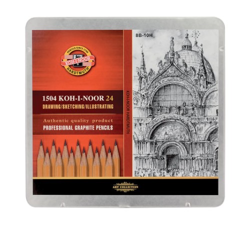 Карандаши чернографитные KOH-I-NOOR 1500, НАБОР 24 шт., 8В-10H, без резинки, металлическая коробка, 1504024001PL Карандаши чернографитные KOH-I-NOOR 1500, НАБОР 24 шт., 8В-10H, без резинки, металлическая коробка, 1504024001PL