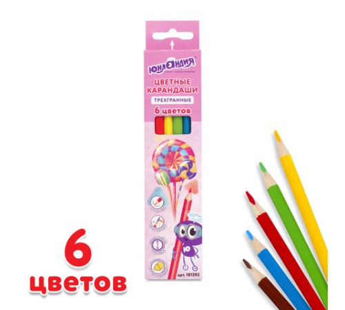 Карандаши цветные ЮНЛАНДИЯ "СЛАДКИЕ ИСТОРИИ", 6 цветов, трехгранные, грифель 3 мм, натуральное дерево, 181392