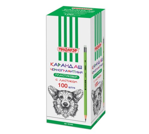 Карандаш чернографитный ПИФАГОР, 1 шт., НВ, пластиковый, корпус салатовый, с ластиком, 181445 Карандаш чернографитный ПИФАГОР, 1 шт., НВ, пластиковый, корпус салатовый, с ластиком, 181445