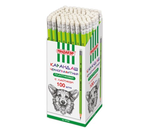 Карандаш чернографитный ПИФАГОР, 1 шт., НВ, пластиковый, корпус салатовый, с ластиком, 181445 Карандаш чернографитный ПИФАГОР, 1 шт., НВ, пластиковый, корпус салатовый, с ластиком, 181445