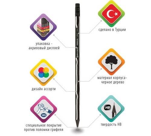 Карандаш чернографитный BRAUBERG "PREMIUM TURKEY", 1 шт., "Lines", НВ, ассорти, дисплей, 181568 Карандаш чернографитный BRAUBERG "PREMIUM TURKEY", 1 шт., "Lines", НВ, ассорти, дисплей, 181568