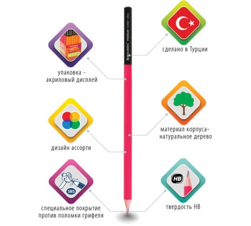 Карандаш чернографитный BRAUBERG "PREMIUM TURKEY", 1 шт., "Ultra", НВ, ассорти, дисплей,181570 Карандаш чернографитный BRAUBERG "PREMIUM TURKEY", 1 шт., "Ultra", НВ, ассорти, дисплей,181570