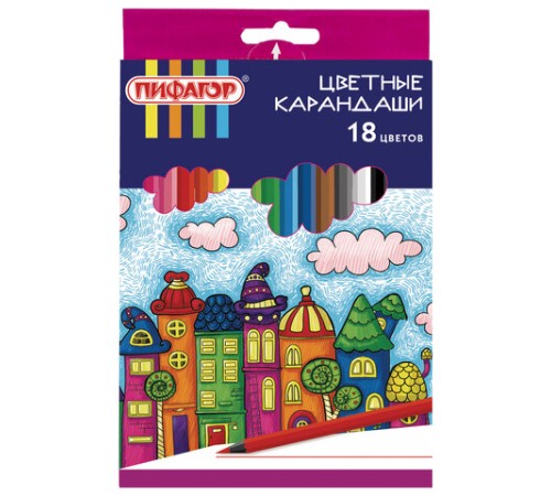 Карандаши цветные ПИФАГОР "СКАЗОЧНЫЙ ГОРОД", 18 цветов, шестигранные, 181584 Карандаши цветные ПИФАГОР "СКАЗОЧНЫЙ ГОРОД", 18 цветов, шестигранные, 181584