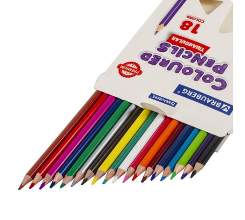 Карандаши цветные BRAUBERG PREMIUM, 18 цветов, трехгранные, грифель 3,3 мм, натуральное дерево, 181652 Карандаши цветные BRAUBERG PREMIUM, 18 цветов, трехгранные, грифель 3,3 мм, натуральное дерево, 181652