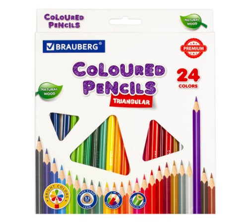 Карандаши цветные BRAUBERG PREMIUM, 24 цвета, трехгранные, грифель 3,3 мм, натуральное дерево, 181653
