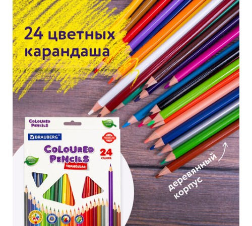 Карандаши цветные BRAUBERG PREMIUM, 24 цвета, трехгранные, грифель 3,3 мм, натуральное дерево, 181653