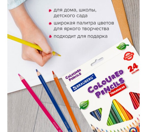 Карандаши цветные BRAUBERG PREMIUM, 24 цвета, трехгранные, грифель 3,3 мм, натуральное дерево, 181653