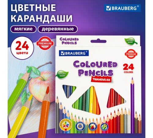 Карандаши цветные BRAUBERG PREMIUM, 24 цвета, трехгранные, грифель 3,3 мм, натуральное дерево, 181653