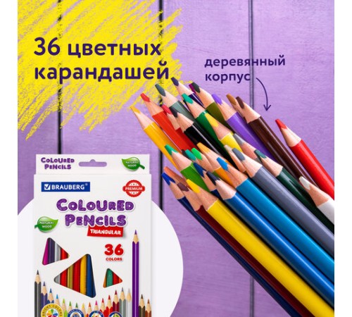 Карандаши цветные BRAUBERG PREMIUM, 36 цветов, трехгранные, грифель 3,3 мм, натуральное дерево, 181654 Карандаши цветные BRAUBERG PREMIUM, 36 цветов, трехгранные, грифель 3,3 мм, натуральное дерево, 181654