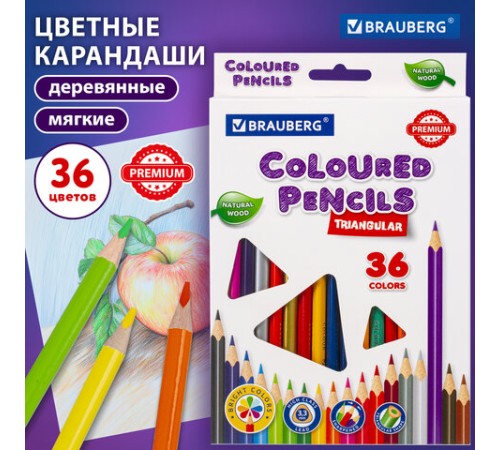 Карандаши цветные BRAUBERG PREMIUM, 36 цветов, трехгранные, грифель 3,3 мм, натуральное дерево, 181654 Карандаши цветные BRAUBERG PREMIUM, 36 цветов, трехгранные, грифель 3,3 мм, натуральное дерево, 181654