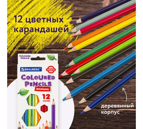 Карандаши цветные BRAUBERG PREMIUM, 12 цветов, шестигранные, грифель 3,3 мм, натуральное дерево, 181656 Карандаши цветные BRAUBERG PREMIUM, 12 цветов, шестигранные, грифель 3,3 мм, натуральное дерево, 181656