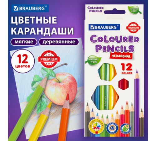 Карандаши цветные BRAUBERG PREMIUM, 12 цветов, шестигранные, грифель 3,3 мм, натуральное дерево, 181656 Карандаши цветные BRAUBERG PREMIUM, 12 цветов, шестигранные, грифель 3,3 мм, натуральное дерево, 181656