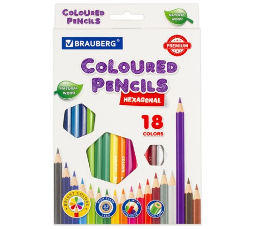 Карандаши цветные BRAUBERG PREMIUM, 18 цветов, шестигранные, грифель 3,3 мм, натуральное дерево, 181657 Карандаши цветные BRAUBERG PREMIUM, 18 цветов, шестигранные, грифель 3,3 мм, натуральное дерево, 181657