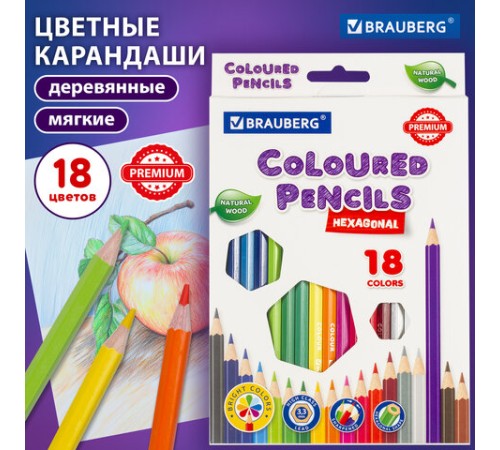 Карандаши цветные BRAUBERG PREMIUM, 18 цветов, шестигранные, грифель 3,3 мм, натуральное дерево, 181657 Карандаши цветные BRAUBERG PREMIUM, 18 цветов, шестигранные, грифель 3,3 мм, натуральное дерево, 181657
