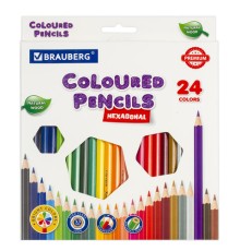 Карандаши цветные BRAUBERG PREMIUM, 24 цвета, шестигранные, грифель 3,3 мм, натуральное дерево, 181658
