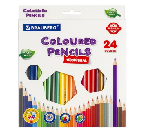 Карандаши цветные BRAUBERG PREMIUM, 24 цвета, шестигранные, грифель 3,3 мм, натуральное дерево, 181658