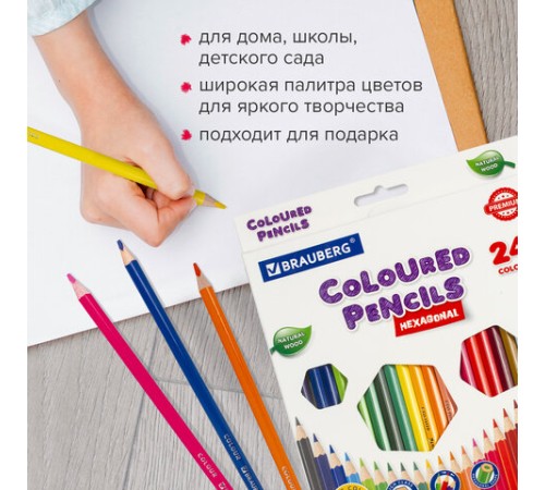Карандаши цветные BRAUBERG PREMIUM, 24 цвета, шестигранные, грифель 3,3 мм, натуральное дерево, 181658