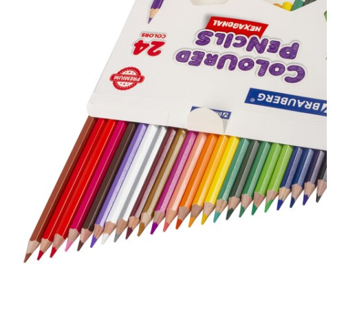 Карандаши цветные BRAUBERG PREMIUM, 24 цвета, шестигранные, грифель 3,3 мм, натуральное дерево, 181658