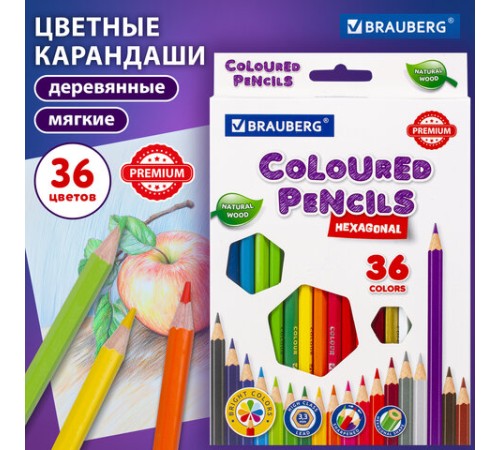 Карандаши цветные BRAUBERG PREMIUM, 36 цветов, шестигранные, грифель 3,3 мм, натуральное дерево, 181659 Карандаши цветные BRAUBERG PREMIUM, 36 цветов, шестигранные, грифель 3,3 мм, натуральное дерево, 181659