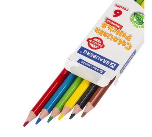 Карандаши цветные BRAUBERG PREMIUM, 6 цветов, трехгранные, грифель 3 мм, 181660