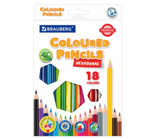 Карандаши цветные BRAUBERG PREMIUM, 18 цветов, шестигранные, грифель 3 мм, 181667 Карандаши цветные BRAUBERG PREMIUM, 18 цветов, шестигранные, грифель 3 мм, 181667