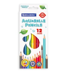 Карандаши цветные акварельные BRAUBERG PREMIUM AQUARELLE, 12 цветов, трехгранные, утолщенный грифель 4 мм, натуральное дерево, 181671