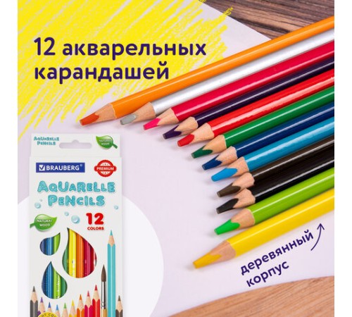 Карандаши цветные акварельные BRAUBERG PREMIUM AQUARELLE, 12 цветов, трехгранные, утолщенный грифель 4 мм, натуральное дерево, 181671 Карандаши цветные акварельные BRAUBERG PREMIUM AQUARELLE, 12 цветов, трехгранные, утолщенный грифель 4 мм, натуральное дерево, 181671
