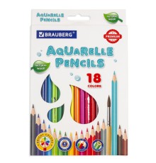 Карандаши цветные акварельные BRAUBERG PREMIUM AQUARELLE, 18 цветов, трехгранные, утолщенный грифель 4 мм, натуральное дерево, 181672
