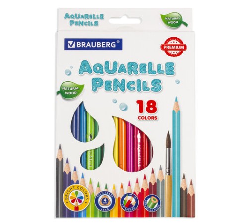 Карандаши цветные акварельные BRAUBERG PREMIUM AQUARELLE, 18 цветов, трехгранные, утолщенный грифель 4 мм, натуральное дерево, 181672 Карандаши цветные акварельные BRAUBERG PREMIUM AQUARELLE, 18 цветов, трехгранные, утолщенный грифель 4 мм, натуральное дерево, 181672