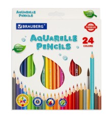 Карандаши цветные акварельные BRAUBERG PREMIUM AQUARELLE, 24 цвета, трехгранные, утолщенный грифель 4 мм, натуральное дерево, 181673