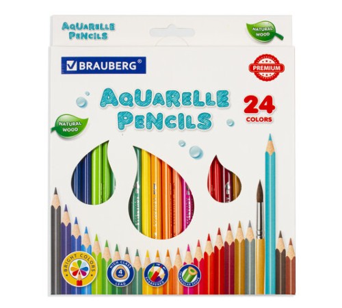 Карандаши цветные акварельные BRAUBERG PREMIUM AQUARELLE, 24 цвета, трехгранные, утолщенный грифель 4 мм, натуральное дерево, 181673 Карандаши цветные акварельные BRAUBERG PREMIUM AQUARELLE, 24 цвета, трехгранные, утолщенный грифель 4 мм, натуральное дерево, 181673