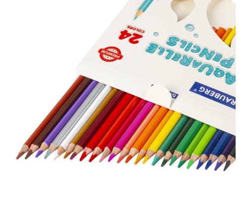 Карандаши цветные акварельные BRAUBERG PREMIUM AQUARELLE, 24 цвета, трехгранные, утолщенный грифель 4 мм, натуральное дерево, 181673 Карандаши цветные акварельные BRAUBERG PREMIUM AQUARELLE, 24 цвета, трехгранные, утолщенный грифель 4 мм, натуральное дерево, 181673