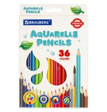 Карандаши цветные акварельные BRAUBERG PREMIUM AQUARELLE, 36 цветов, трехгранные, утолщенный грифель 4 мм, натуральное дерево, 181674