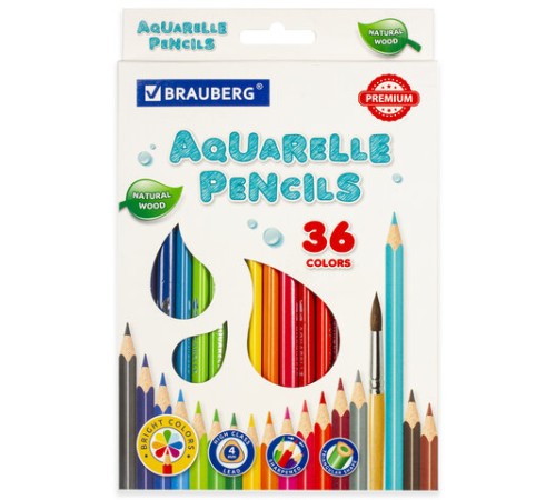 Карандаши цветные акварельные BRAUBERG PREMIUM AQUARELLE, 36 цветов, трехгранные, утолщенный грифель 4 мм, натуральное дерево, 181674
