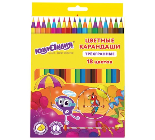 Карандаши цветные ЮНЛАНДИЯ "КАРНАВАЛ", 18 цветов, трехгранные, грифель 3 мм, 181685