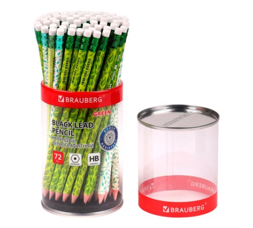 Карандаш чернографитный BRAUBERG "GREEN", 1 шт., HB, с ластиком, пластиковый, ассорти, 181746