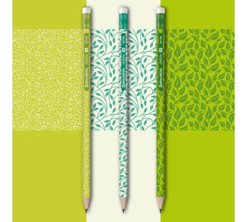 Карандаш чернографитный BRAUBERG "GREEN", 1 шт., HB, с ластиком, пластиковый, ассорти, 181746