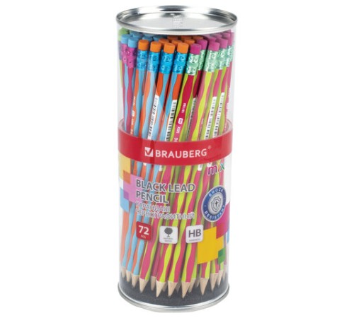 Карандаш чернографитный BRAUBERG "MIX", 1 шт., HB, с ластиком, корпус ассорти, 181760